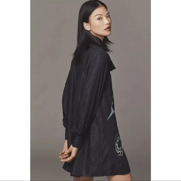 Maeve Black Swing Dress with Blue and Tan Swirl Hem - Picture 3 of 4